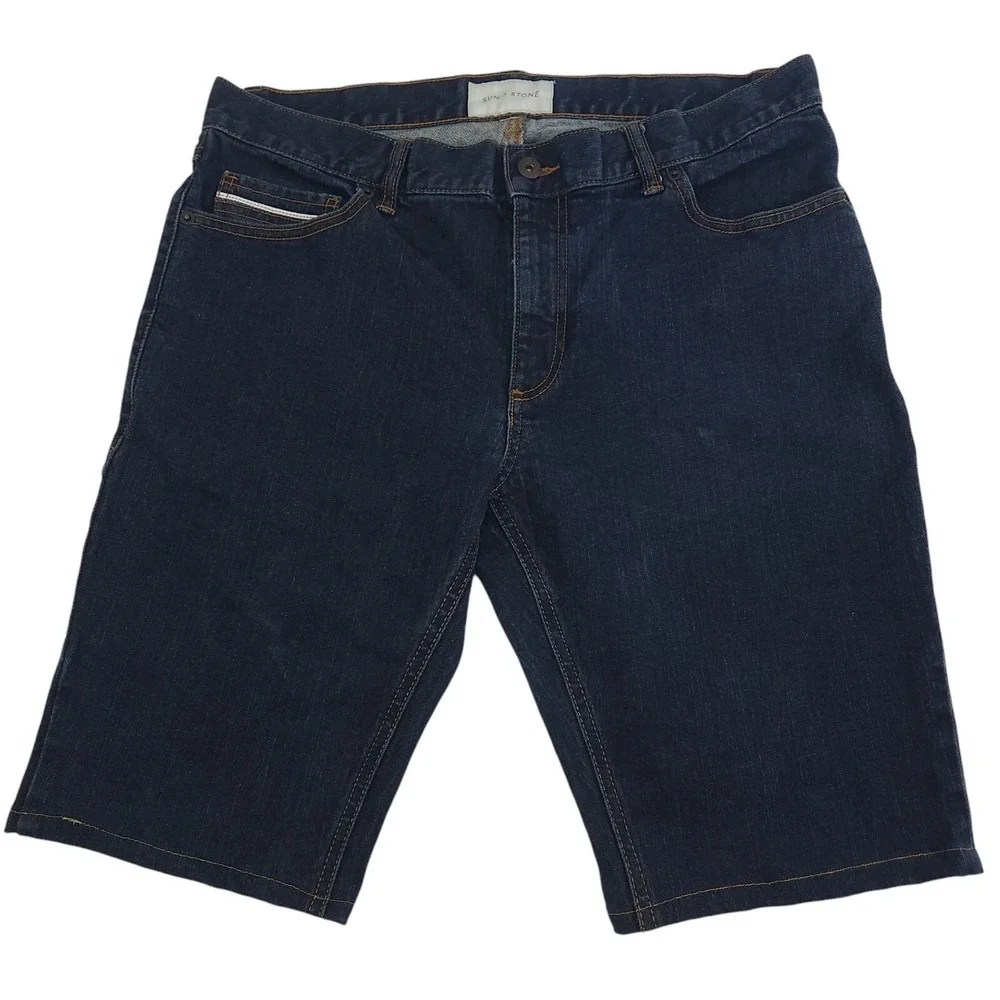 Sun + Stone Denim Shorts Mens 34‎ Blue Dark Wash Pockets Stretch Casual
